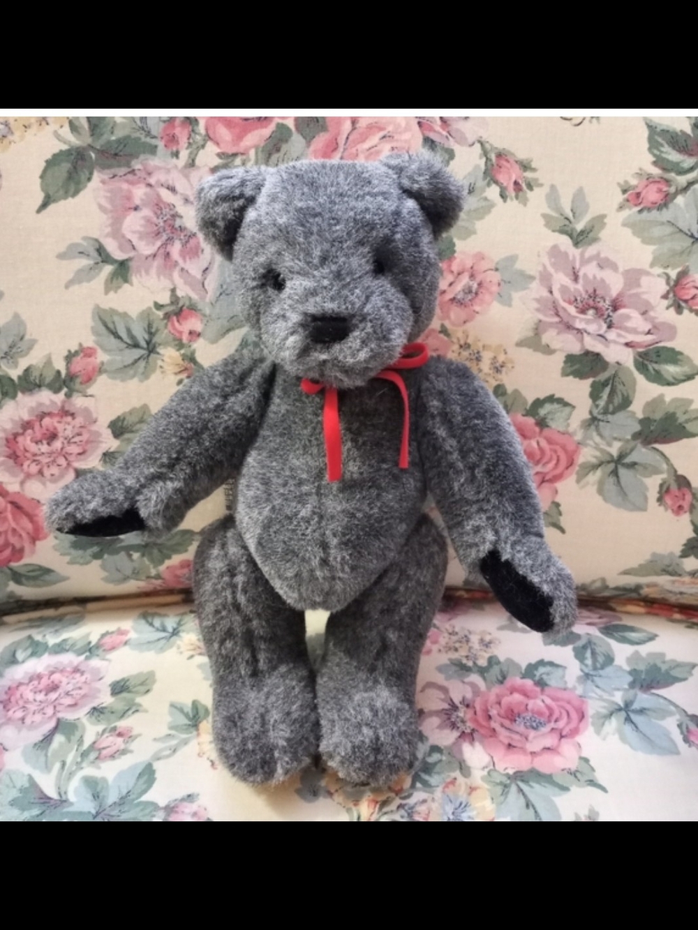 Gund Gray, Jointed Teddy Bear w/ Red Ribbon,  Nwts